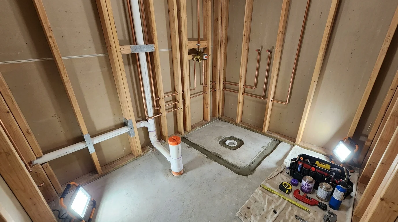 Bathroom rough-in plumbing during remodel by Johns Plumbing LLC in New Ellenton