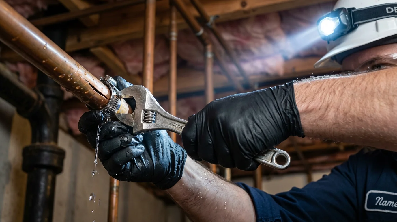 Emergency pipe clamp repair being performed by a Johns Plumbing LLC plumber in New Ellenton