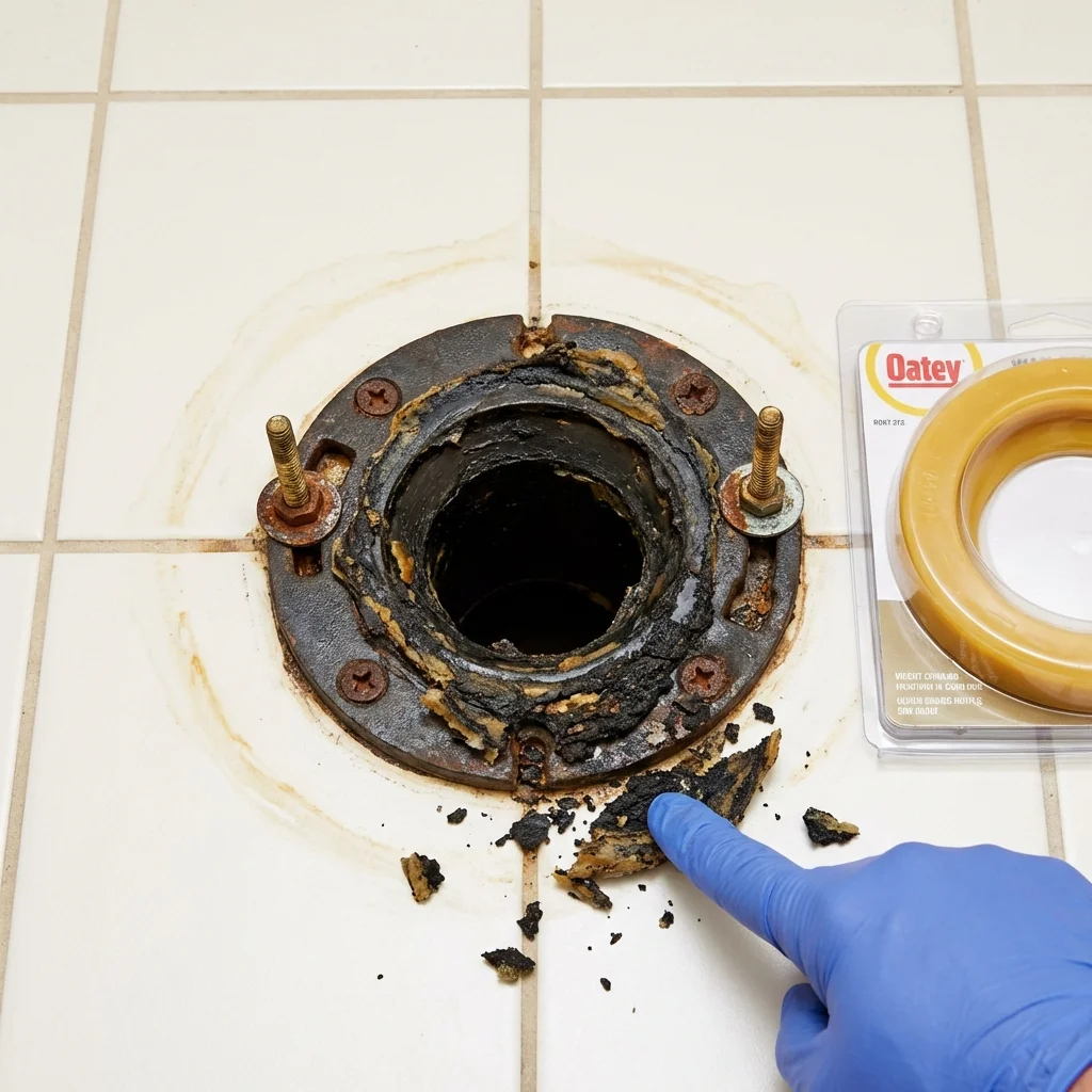 Failed wax ring showing water seepage at the base of a toilet in a New Ellenton, SC home