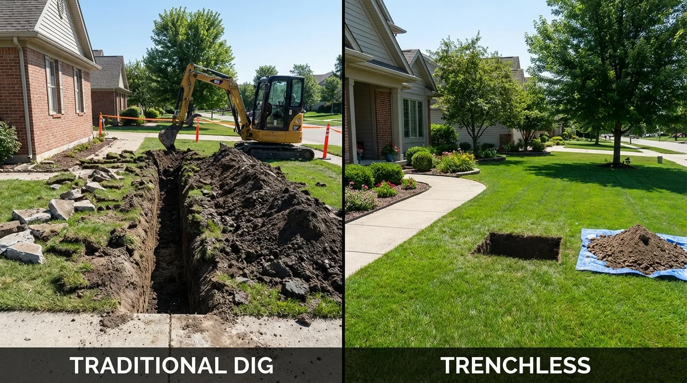 Trenchless sewer repair with minimal yard damage versus traditional excavation in New Ellenton, SC