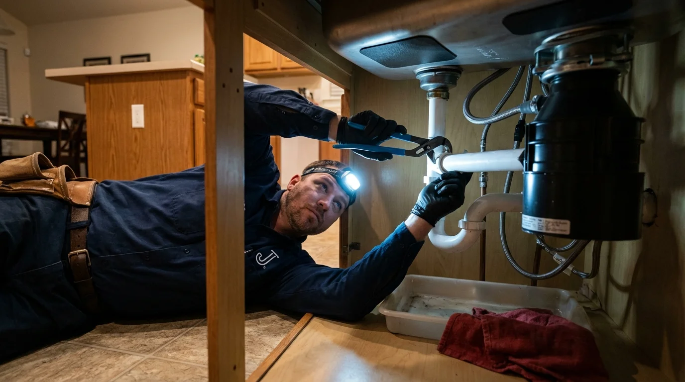 P-trap and supply line connections under a kitchen sink showing a common leak point in New Ellenton, SC